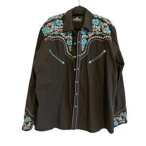 Salvaje Oeste Mens Shirt 3XL Western Black Blue Teal Floral Embroidered Cowboy